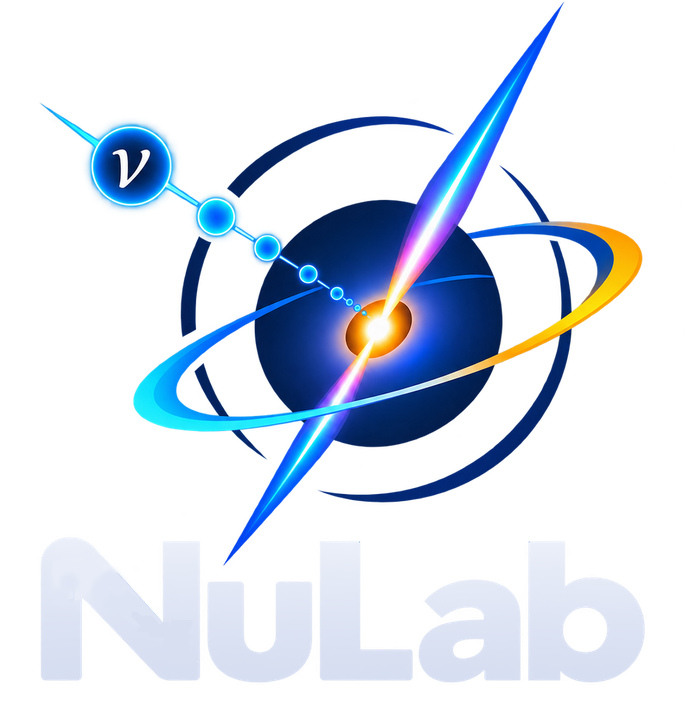 NuLab logo: a black hole with a relativistic jet, an accretion ring, and a neutrino trajectory